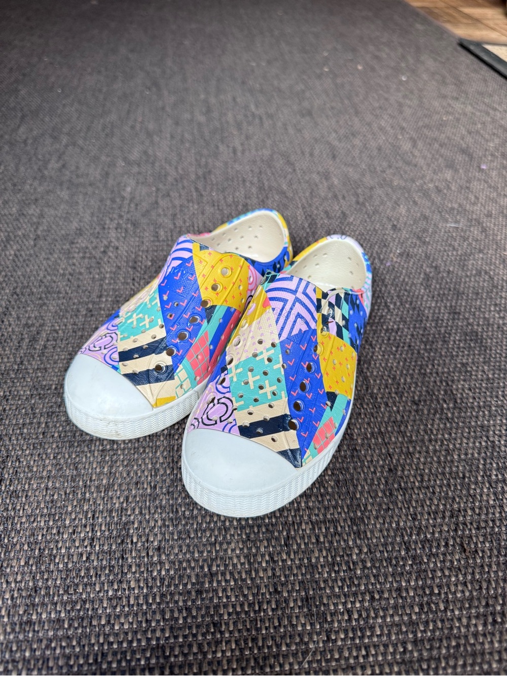Native Kids Patchwork Slip-On Sneakers in Blue, Yellow, Pink, Teal